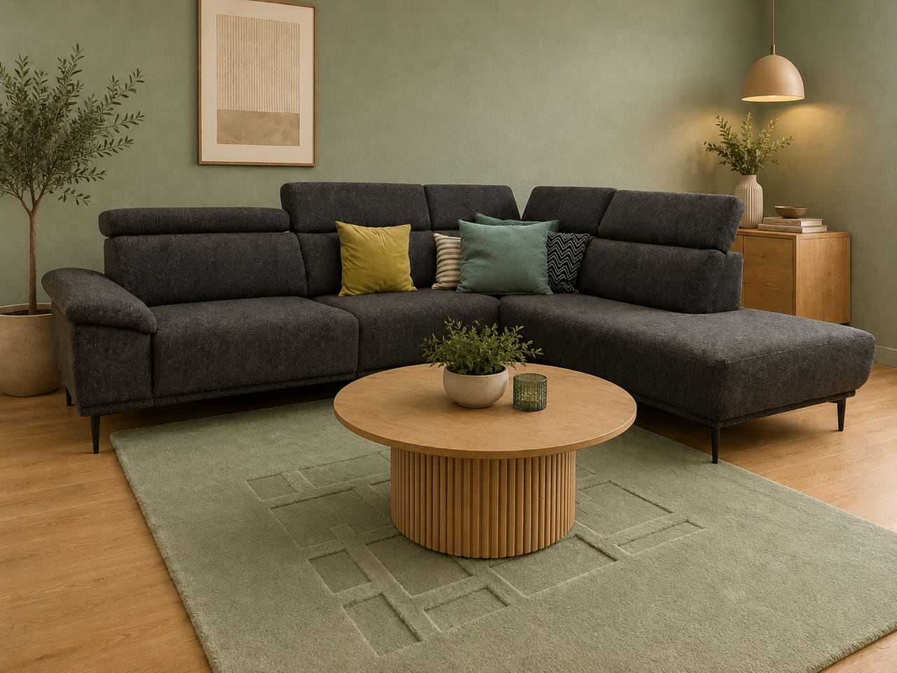 Modernes Wohnzimmer mit dem dunklen Sektionssofa der Dietsch Polstergruppe Moon, bunten Kissen, einem runden Couchtisch und grünem Dekor. Modernes Wohnzimmer mit dem dunklen Sektionssofa der Dietsch Polstergruppe Moon, bunten Kissen, einem runden Couchtisch und grünem Dekor.