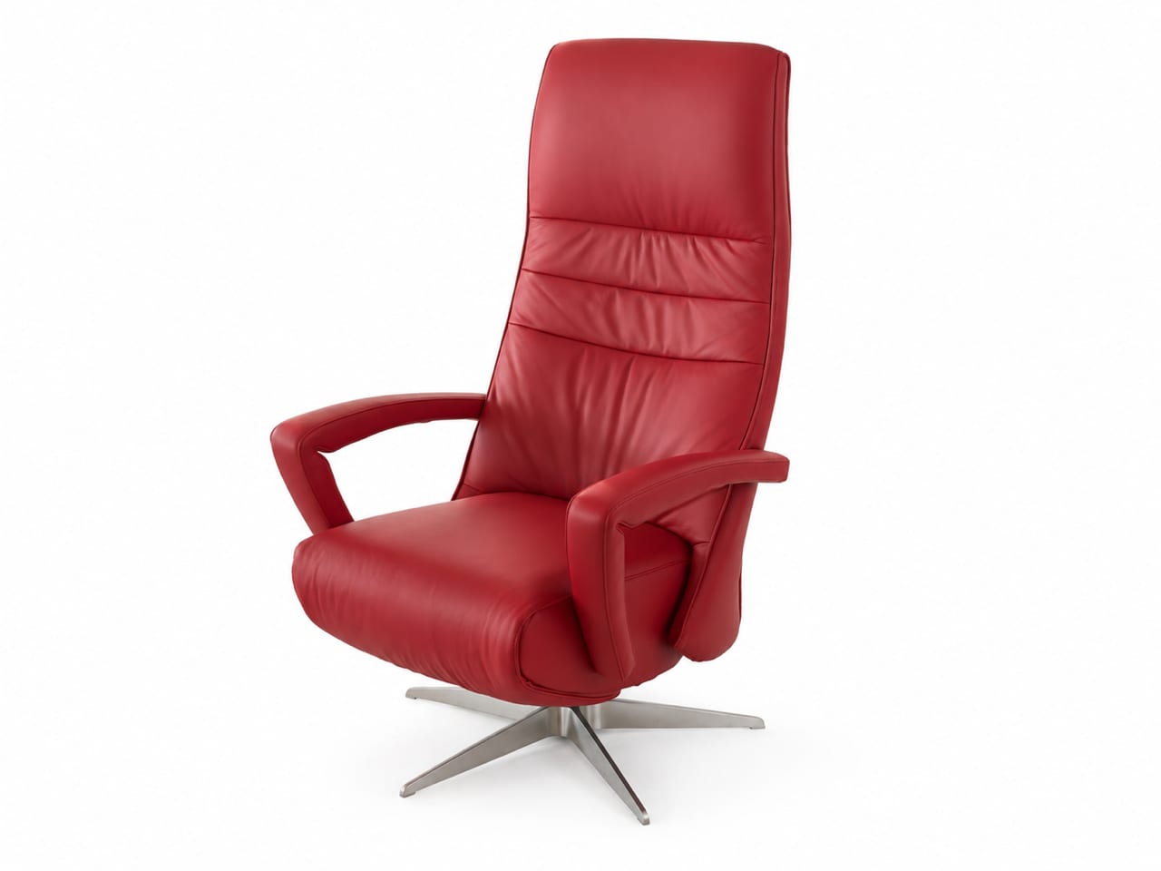 Le « Sitting Vision Relaxsessel Twice Pro 3M“ est un fauteuil pivotant en cuir rouge moderne avec dossier haut et cadre métallique, présenté sur fond blanc. Le « Sitting Vision Relaxsessel Twice Pro 3M“ est un fauteuil pivotant en cuir rouge moderne avec dossier haut et cadre métallique, présenté sur fond blanc.