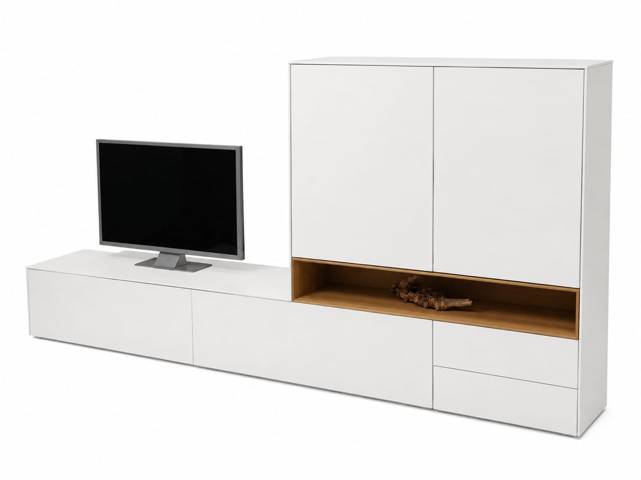 Der MAB Wohnmöbel Nara Cremeweiß ist ein moderner weißer TV-Schrank mit Schubladen, Einlegeböden und Platz für einen Flachbildfernseher auf der linken Seite.