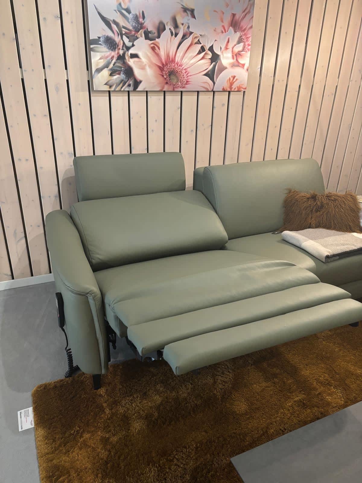 Das PM Oelsa Polstergruppe Ravenna-Liegesofa in Grün steht auf einem braunen Teppich und wird durch Kissen und ein Blumenbild ergänzt, wodurch eine gemütliche Raumatmosphäre entsteht. Das PM Oelsa Polstergruppe Ravenna-Liegesofa in Grün steht auf einem braunen Teppich und wird durch Kissen und ein Blumenbild ergänzt, wodurch eine gemütliche Raumatmosphäre entsteht.