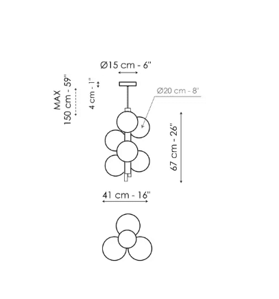 Schematische Darstellung der Bonaldo-Hängeleuchte „Bon Ton“ mit Maßen in cm und Zoll, dargestellt in Vorder- und Untersicht. Schematische Darstellung der Bonaldo-Hängeleuchte „Bon Ton“ mit Maßen in cm und Zoll, dargestellt in Vorder- und Untersicht.