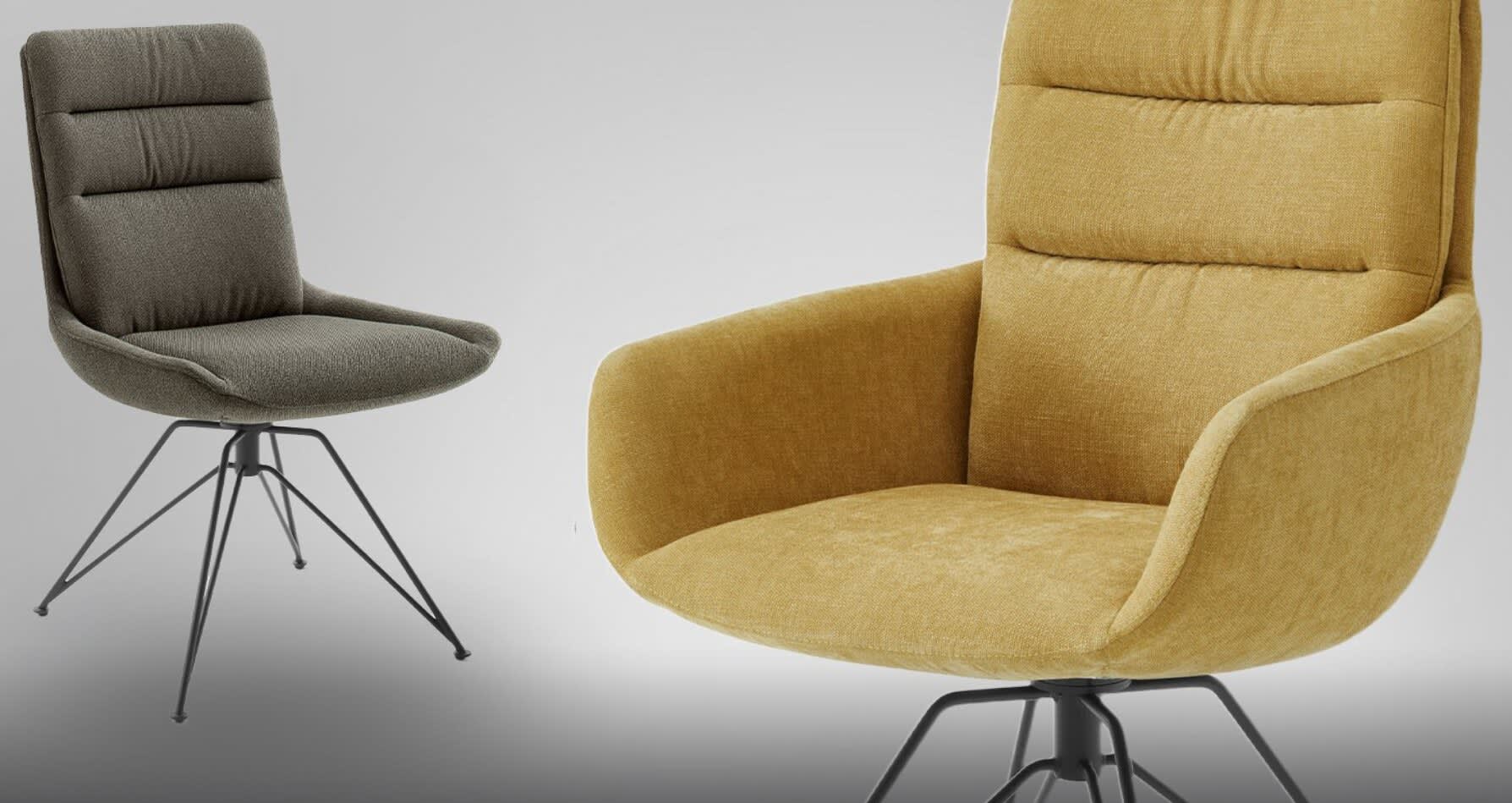Deux fauteuils Venjakob Felia, l'un jaune et l'autre gris, rembourrés avec des pieds en métal, exposés sur un fond simple et clair. Deux fauteuils Venjakob Felia, l'un jaune et l'autre gris, rembourrés avec des pieds en métal, exposés sur un fond simple et clair.