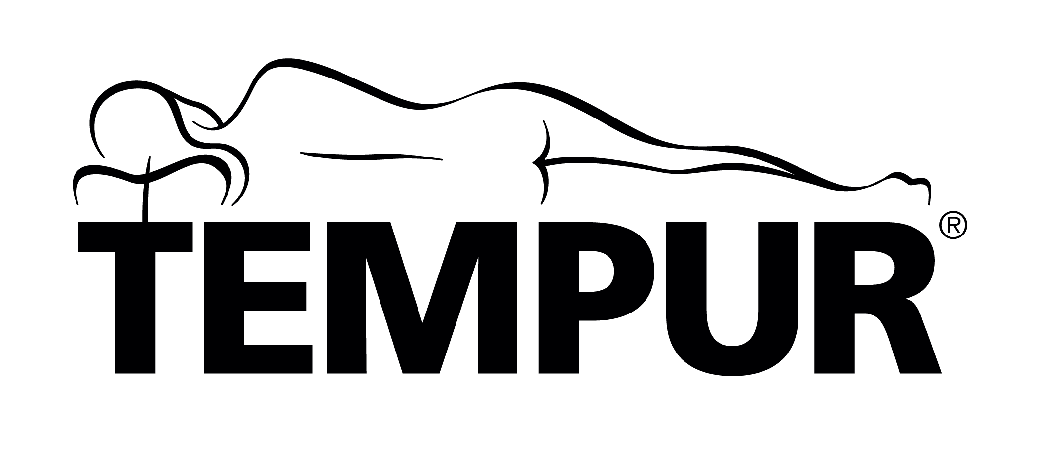 Schwarzer Umriss einer liegenden Person über fettgedrucktem schwarzem Text mit der Aufschrift "TEMPUR" auf weißem Hintergrund.