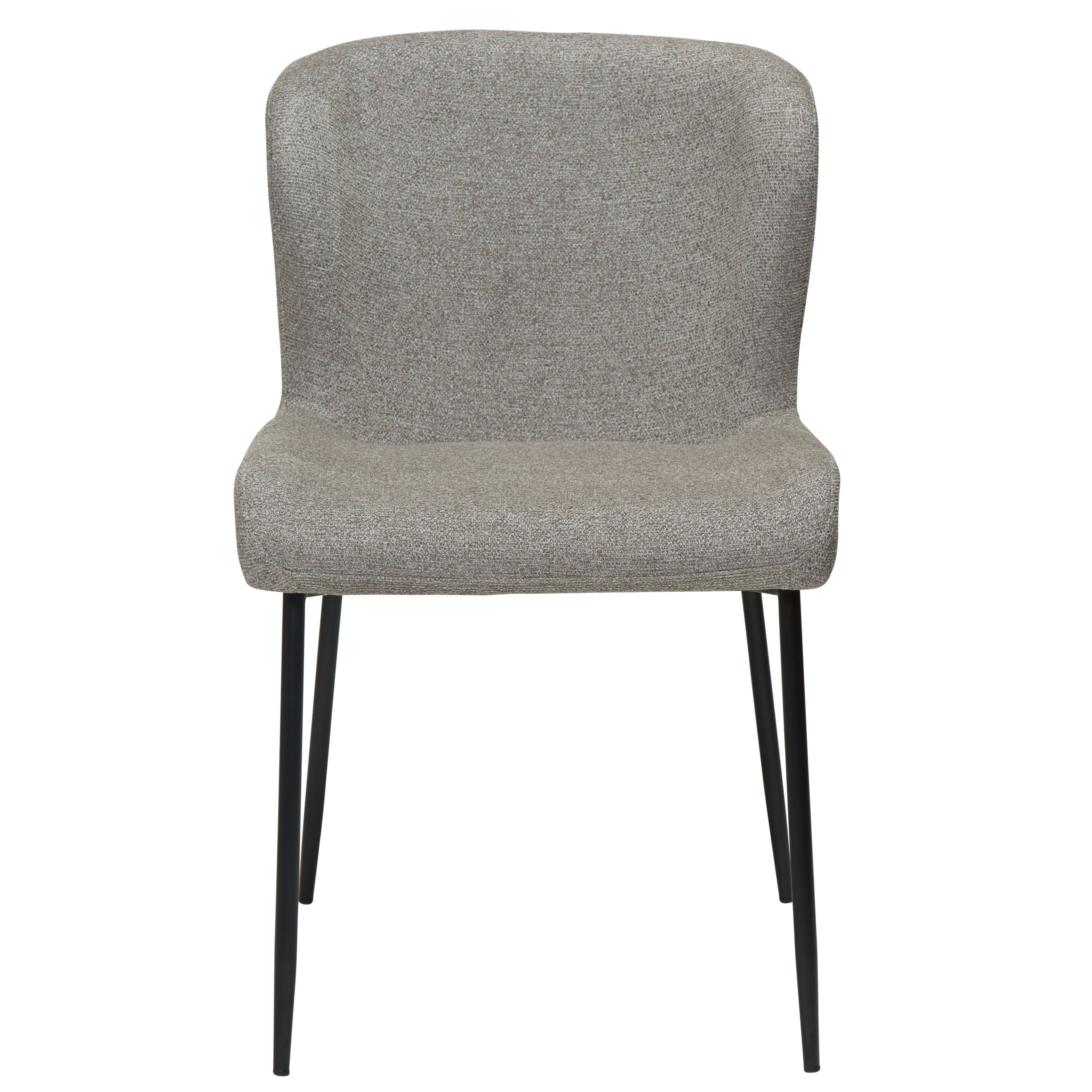 Der Stuhl Glam (2er Set) zeichnet sich durch graue Polsterung und schwarze Metallbeine aus, die von vorne vor einem weißen Hintergrund präsentiert werden.
