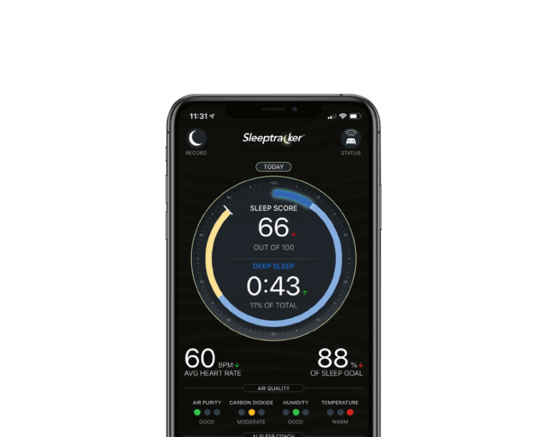 Auf dem Smartphone-Bildschirm des Tempur Einlegerahmen Ergo Smart Base wird eine Schlaf-Tracking-App angezeigt, die Messwerte für Schlafwert, Herzfrequenz und Luftqualität enthält.