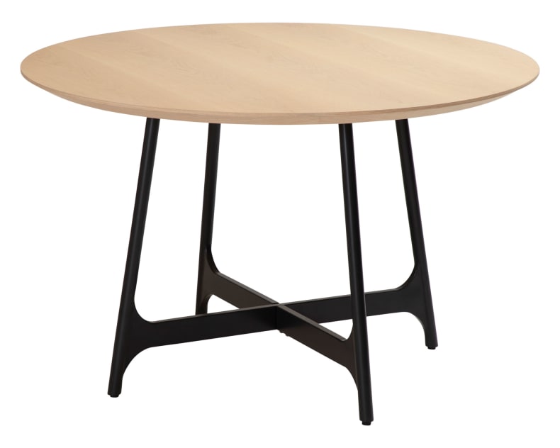 Der Dan Form Tisch Ooid ist ein runder Holztisch mit einer hellen Platte und schwarzen Metallbeinen.
