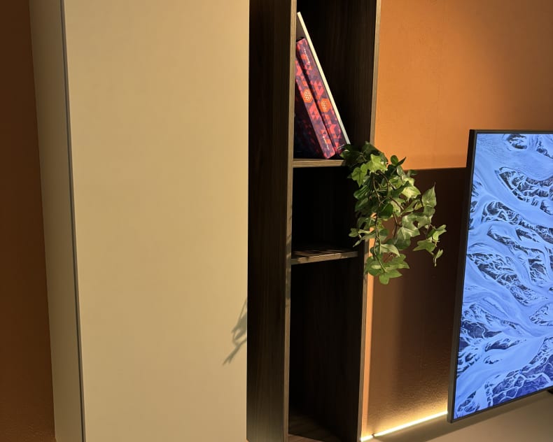 Das TV-Möbel Next von Spectral ist mit modernen Wandregalen mit Büchern und einer Topfpflanze ausgestattet, die neben einem Fernseher an einer orangefarbenen Wand stehen, die von einer Akzentbeleuchtung beleuchtet wird.