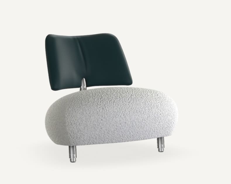 Der Leolux Sessel Pallone Ma ist ein moderner Akzentstuhl mit einem strukturierten weißen Kissen, einer dunklen gebogenen Rückenlehne und vier kurzen Metallbeinen.