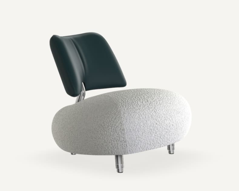 Der Leolux Sessel Pallone Ma hat ein modernes Design mit einem abgerundeten, strukturierten weißen Sitz, Metallbeinen und einer geschwungenen dunkelgrünen Rückenlehne.