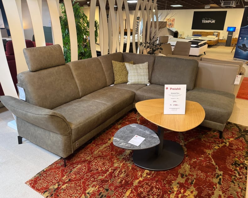 Das Ponsel Sofa Peru, ein graues Sektionssofa mit Wurfkissen, steht neben einem hölzernen Couchtisch auf einem rot gemusterten Teppich im Ausstellungsraum.