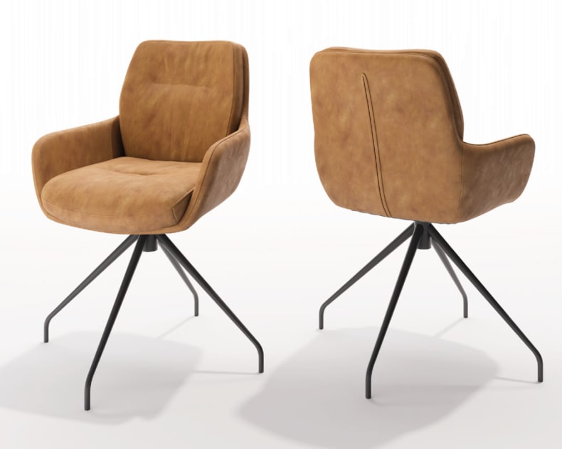 Zwei Sit Mobilia Stuhl Enna, braun gepolsterte Drehstühle mit schwarzen Metallbeinen, werden in Vorder- und Rückansicht vor weißem Hintergrund gezeigt.
