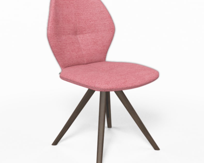 Der Mobitec Stuhl Mood 91 besticht durch sein modernes Design mit einer rosa gepolsterten Sitzfläche und Rückenlehne, die von vier schrägen Holzbeinen getragen wird.