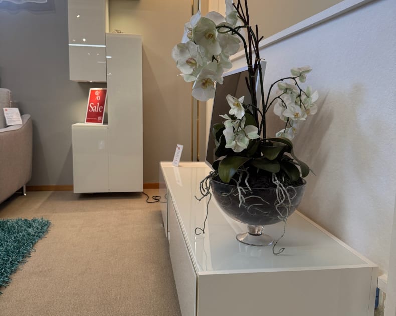 Modernes Wohnzimmer mit dem Lowboard D'Coll Wall in Weiß, ergänzt durch ein Sideboard und eine Topforchidee, mit sichtbaren Verkaufsschildern.