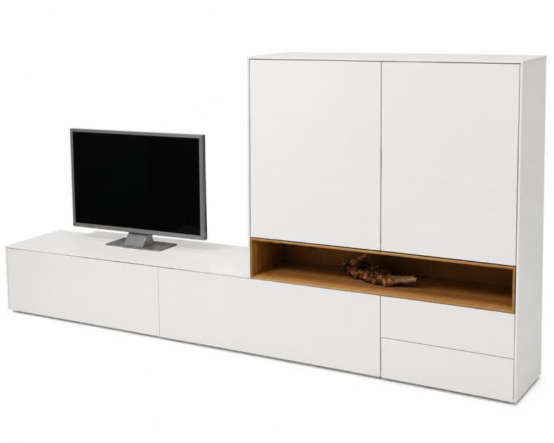 Der MAB Wohnmöbel Nara Cremeweiß ist ein moderner weißer TV-Schrank mit Schubladen, Einlegeböden und Platz für einen Flachbildfernseher auf der linken Seite.