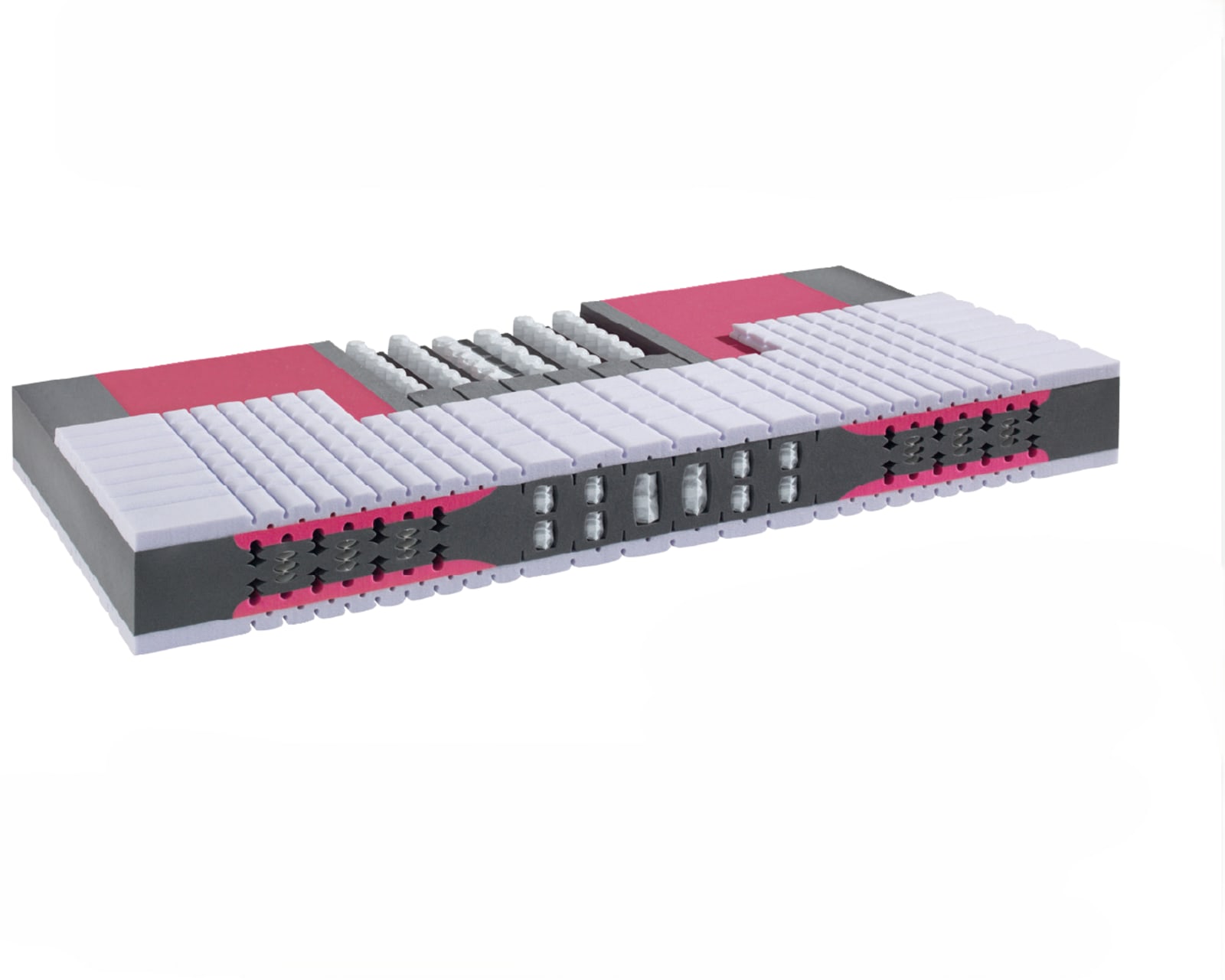Die Riposa Matratze Supernova soft besteht aus Schichten aus weißen, rosa und grauen Materialien, die ihre detaillierten inneren Strukturen und Zonen freigeben.