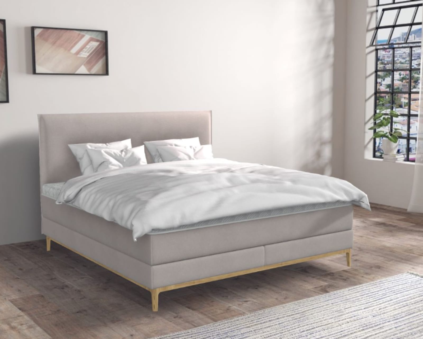 Chambre moderne avec les flims de lit de printemps Superba Box avec linge de lit blanc, plancher en bois et soleil qui tombe à travers les grandes fenêtres.