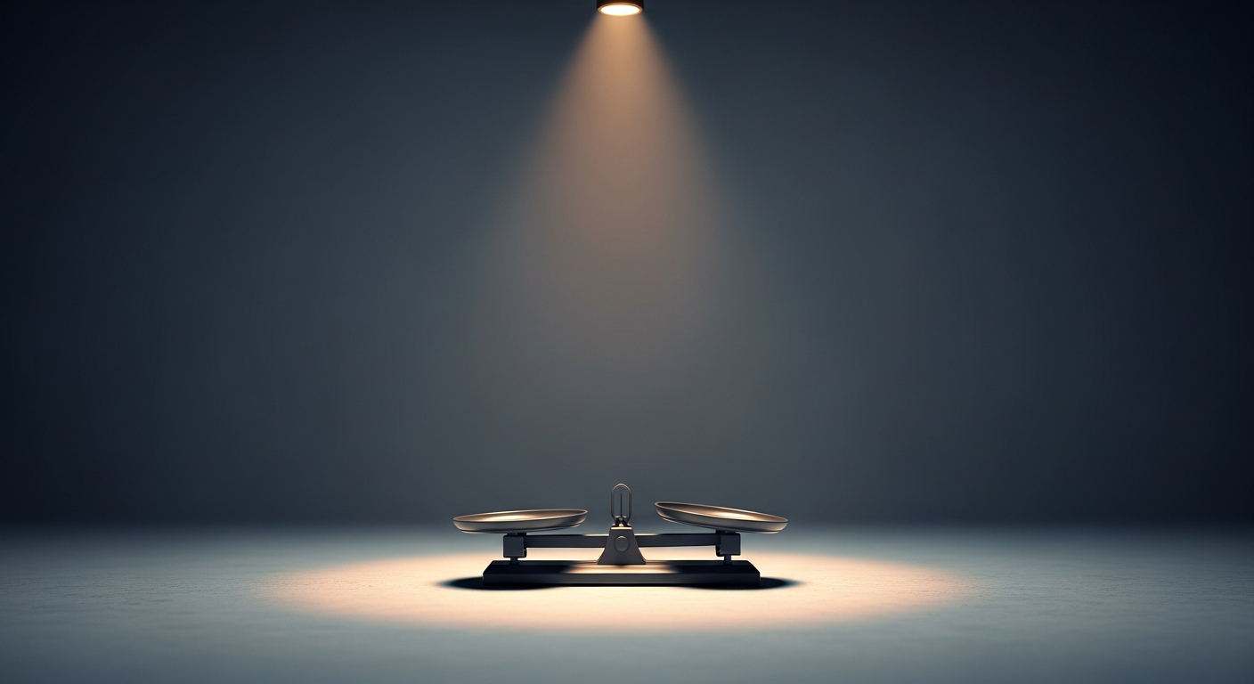 A balance scale slightly tilted to one side under a spotlight