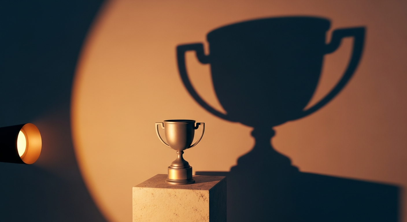 A small trophy under a spotlight casting an enormous shadow on the wall behind it