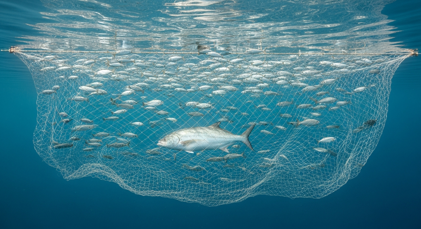 A fishing net with large mesh holes letting small fish escape while only one oversized fish is caught