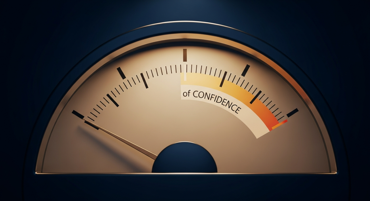 Analog precision gauge dial representing Bayesian probability accumulating toward a decision threshold