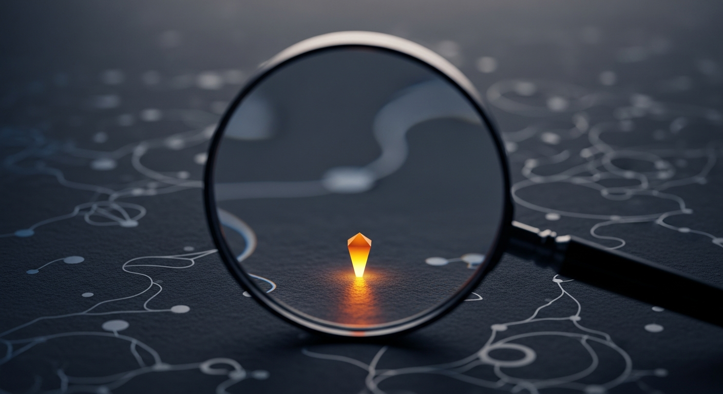 A magnifying glass focused sharply on a single illuminated point while the surrounding area remains unexplored