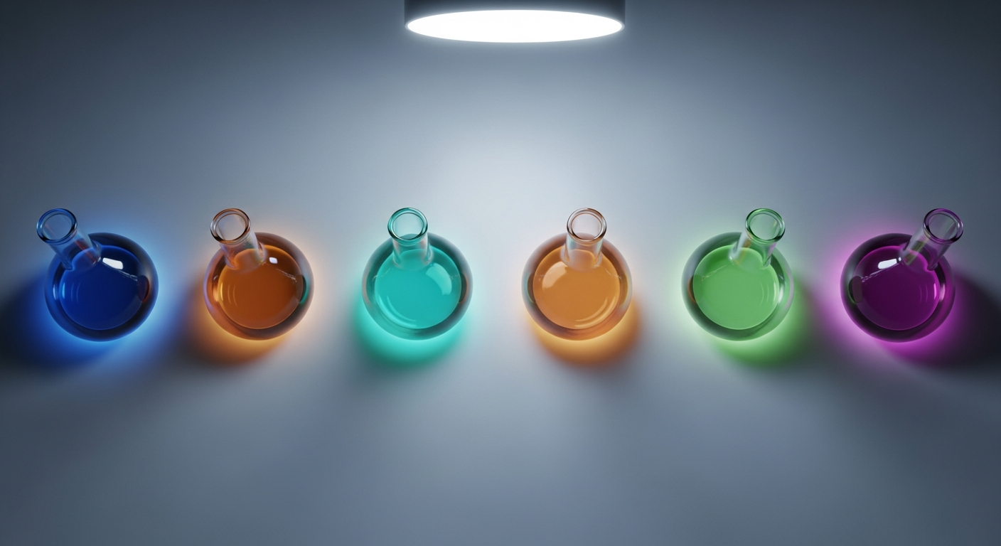 Six luminous glass flasks in a row on a lab bench, each filled with a different colored liquid
