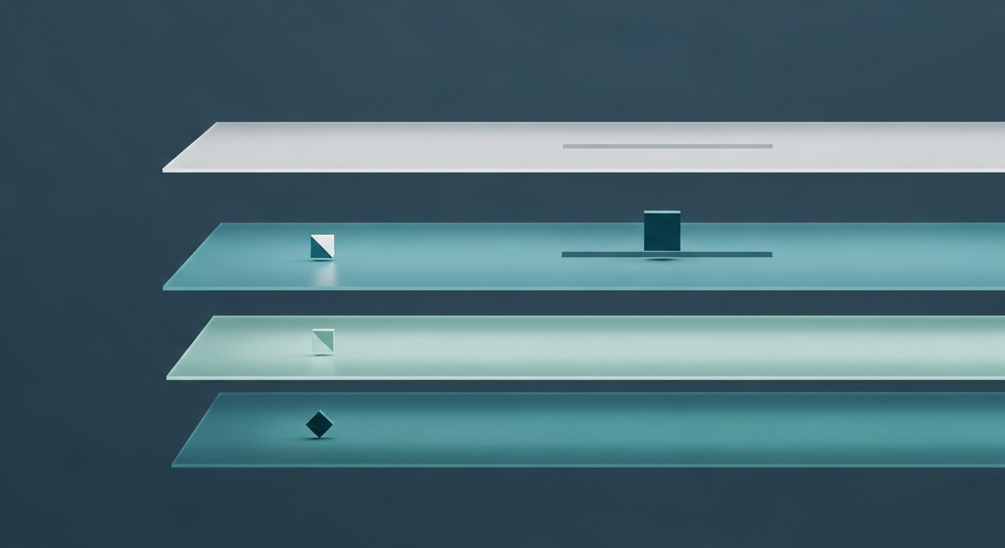 Three horizontal transparent glass panels stacked in layers, each containing distinct elements that do not cross between layers