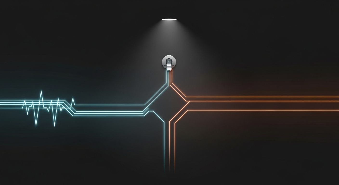 A branching circuit pathway split at a routing switch, representing model selection for agentic workloads