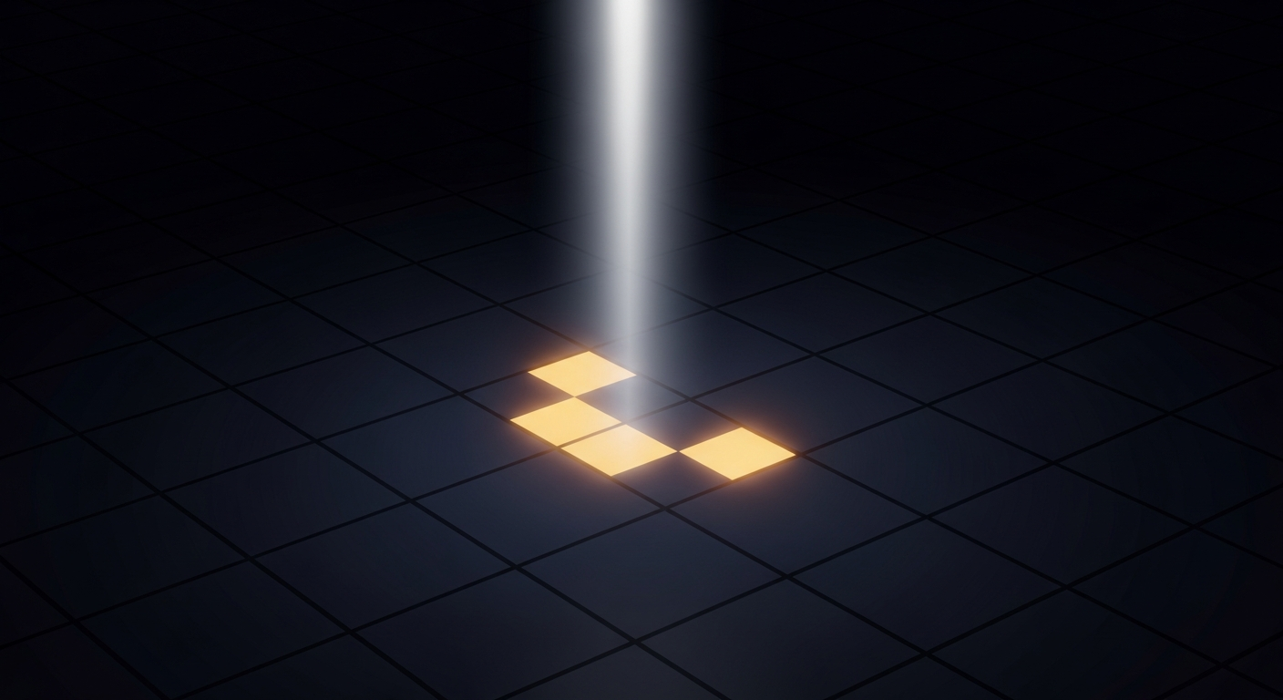 A spotlight beam illuminating a few selected tiles in a vast dark grid, representing sparse attention