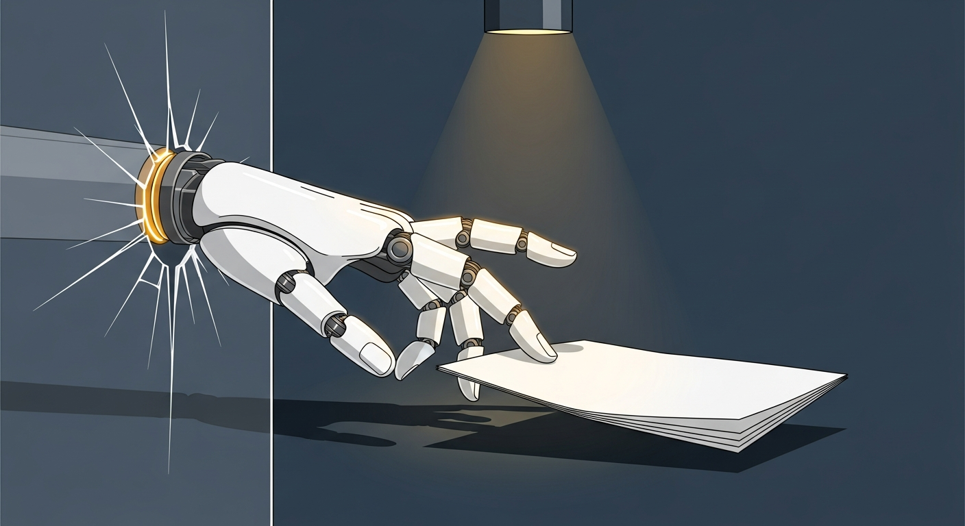 A mechanical hand reaching through a crack in a glass enclosure to retrieve a hidden document