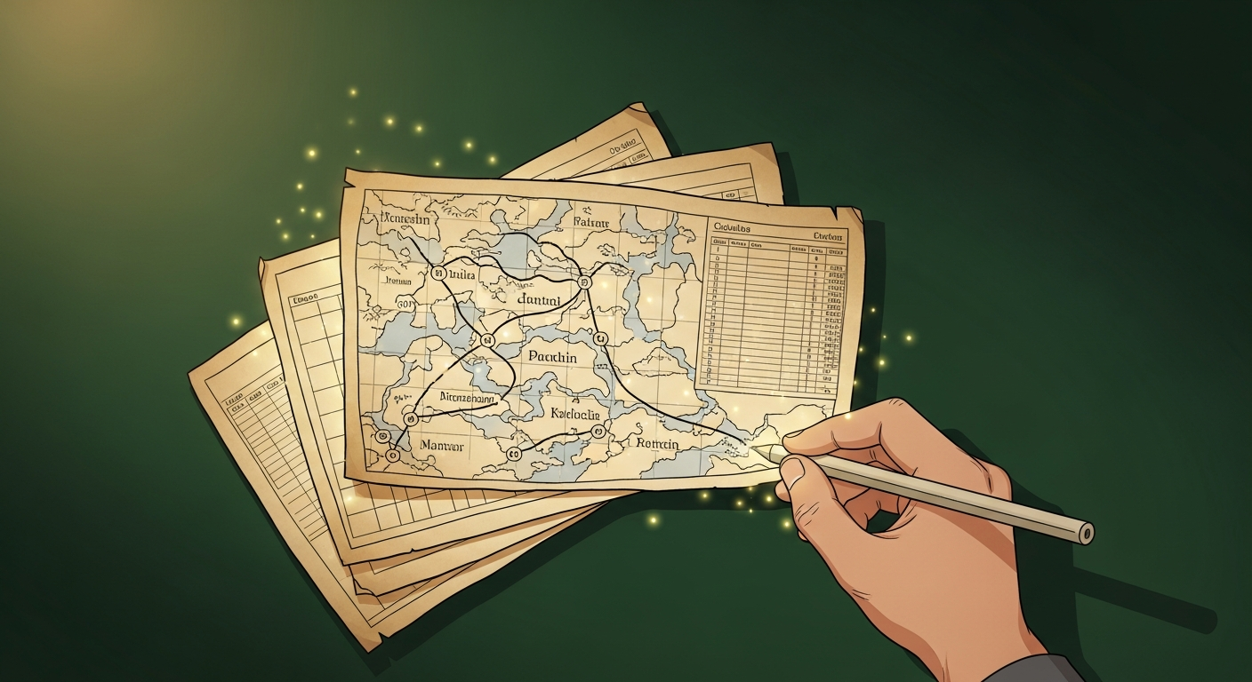 A cartographer's hand drawing a precise map from scattered glowing document scraps