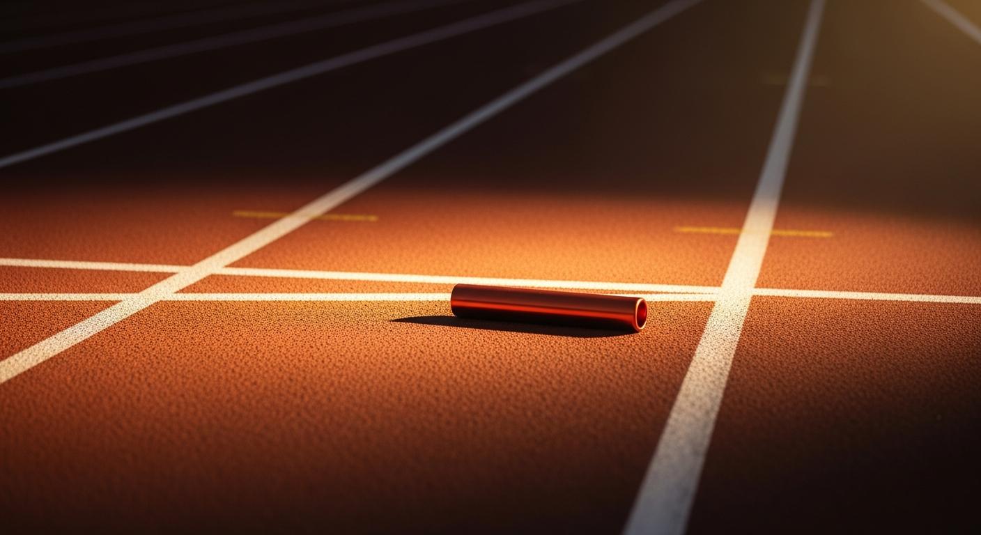 A relay baton lying alone on an empty running track
