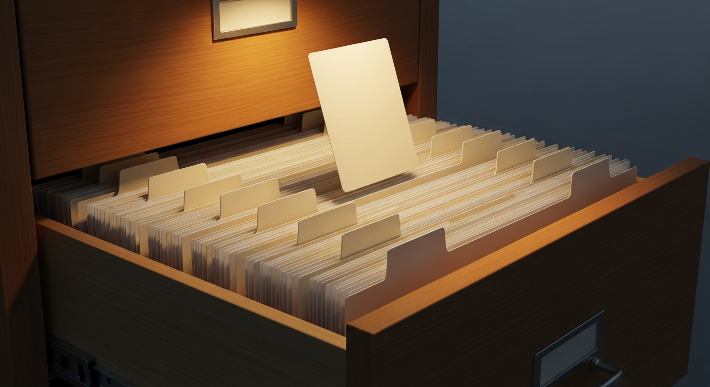 An open filing cabinet drawer with one card pulled forward in a shaft of amber light