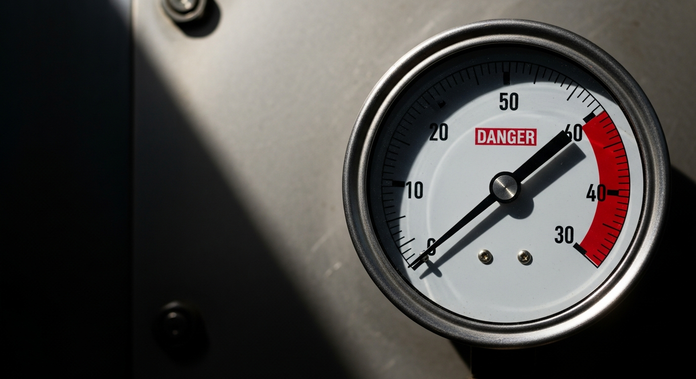 Industrial pressure gauge with needle pinned deep in the red zone