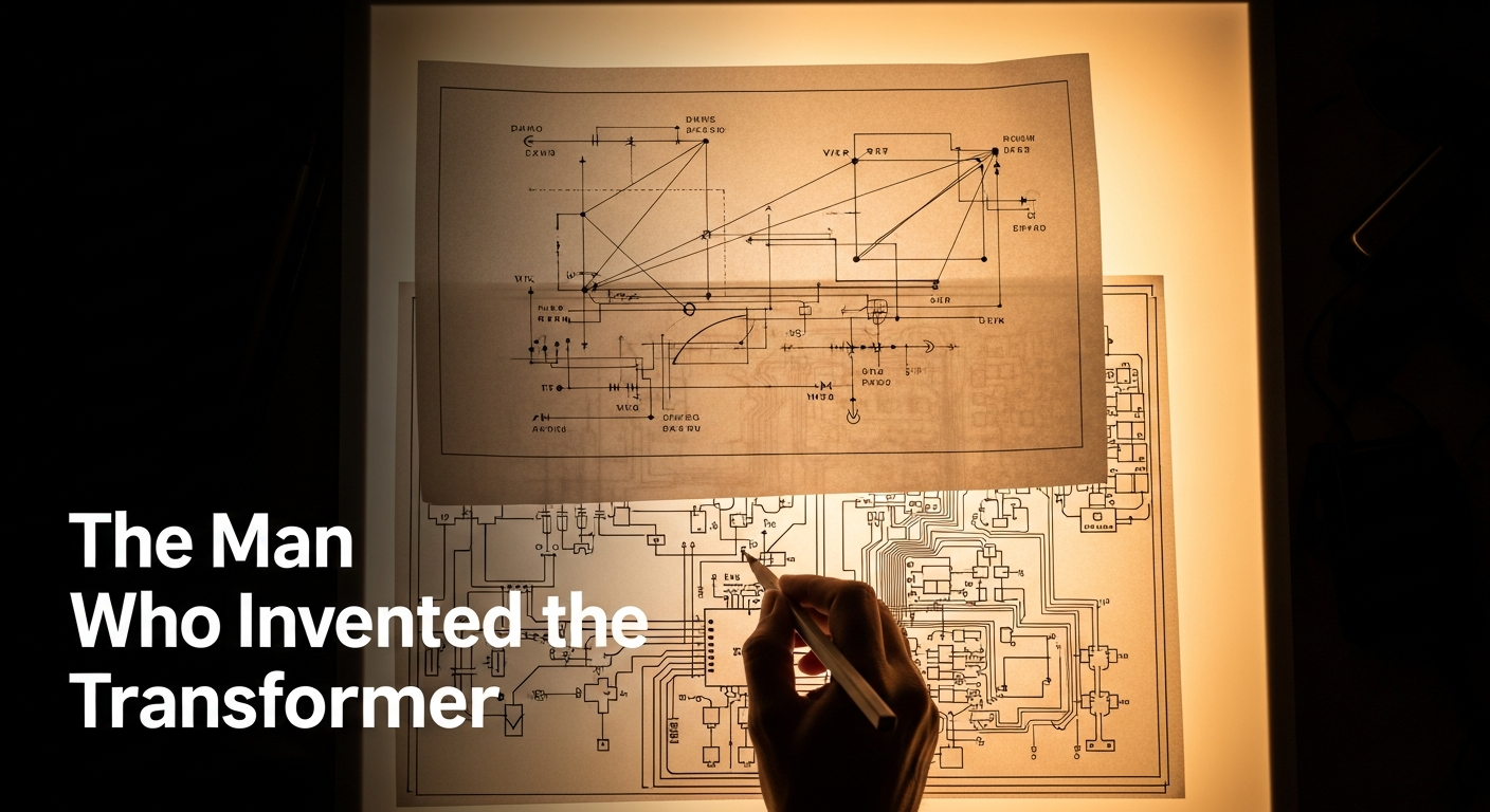 An architect sketching a new circuit diagram over an older schematic on a lightbox
