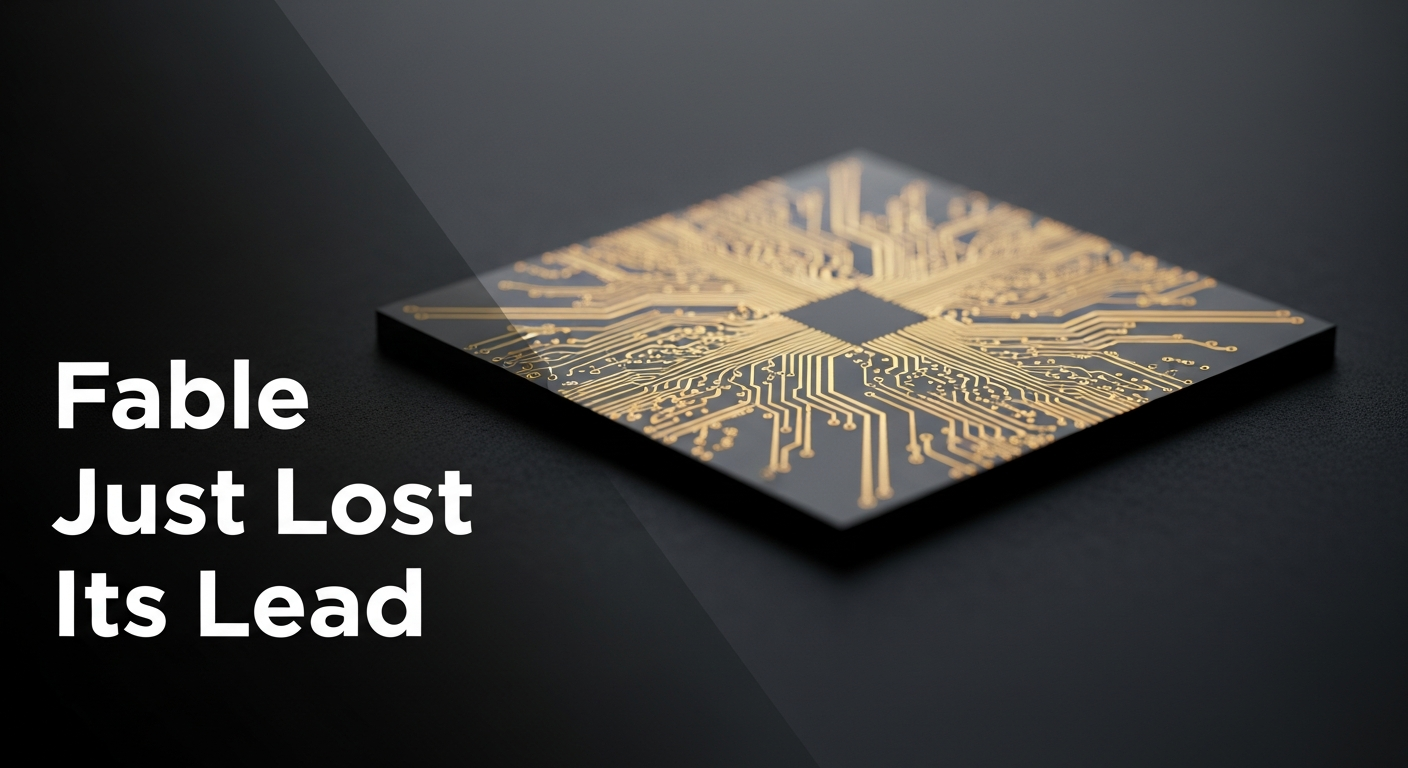 Silicon chip die macro with precision circuit traces lit in warm amber light against a dark background