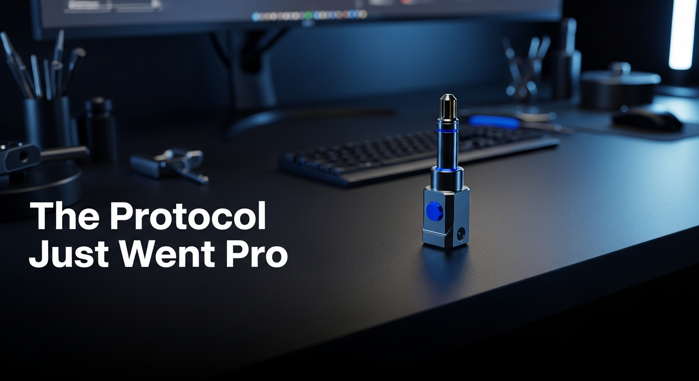 A precision-machined universal connector on a dark studio workbench, surrounded by soft-focus professional tools