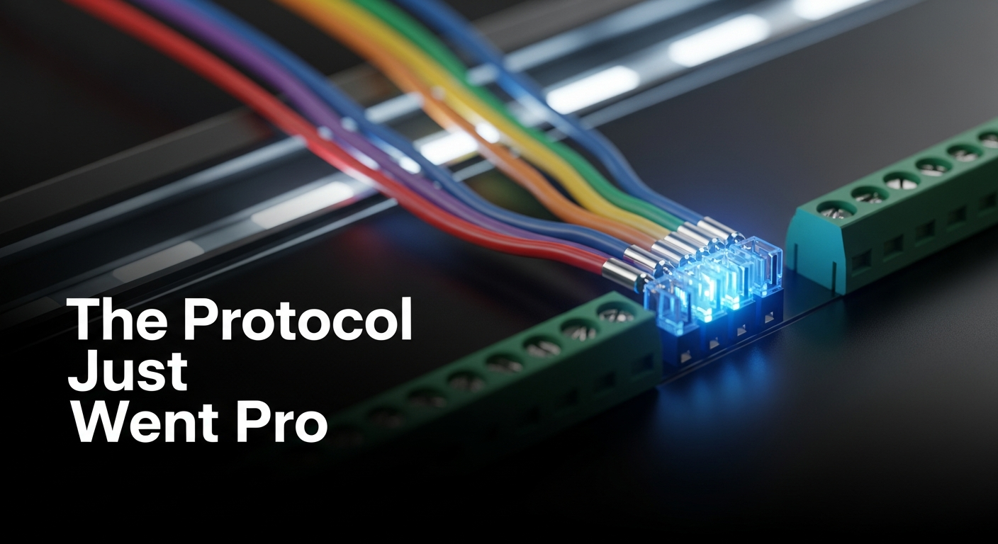Multiple wire leads converging into a single illuminated central connector terminal, representing protocol standardization