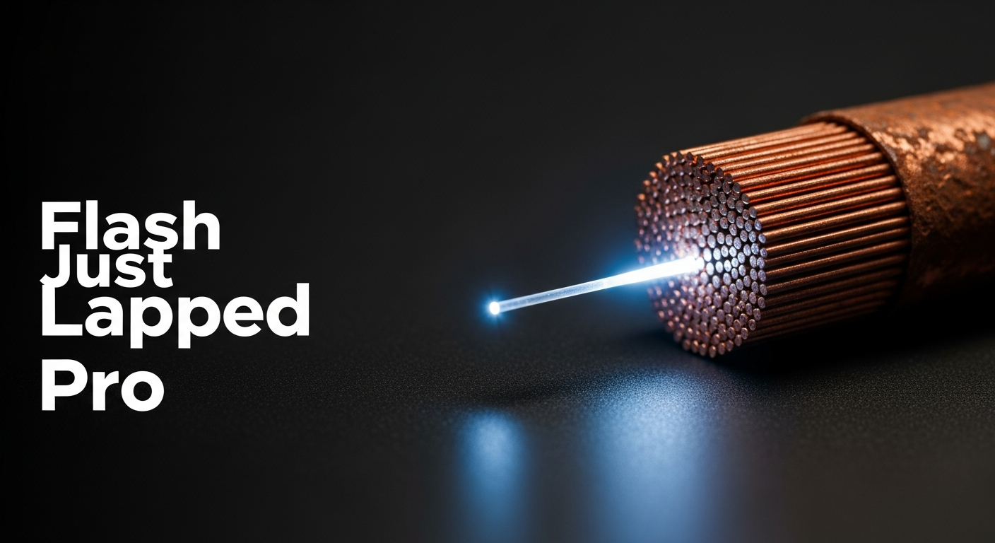 A luminous fiber optic strand carrying a bright pulse of light beside a thick corroded copper bundle on a dark surface