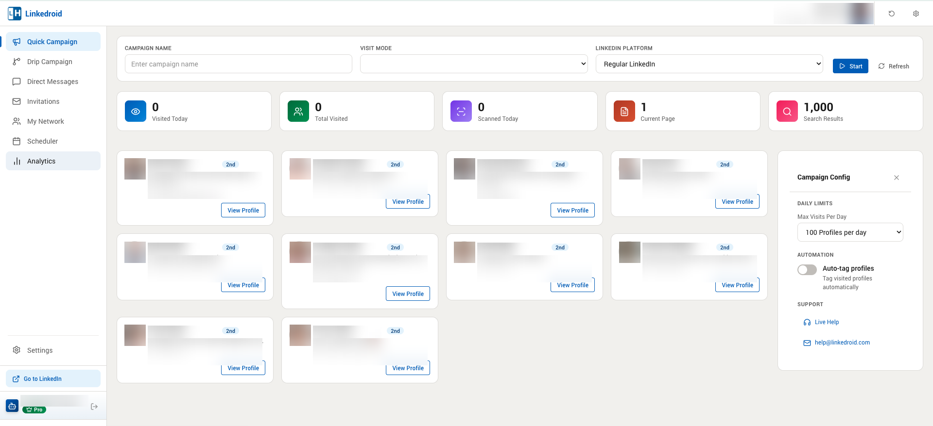 The Linkedroid dashboard on first load