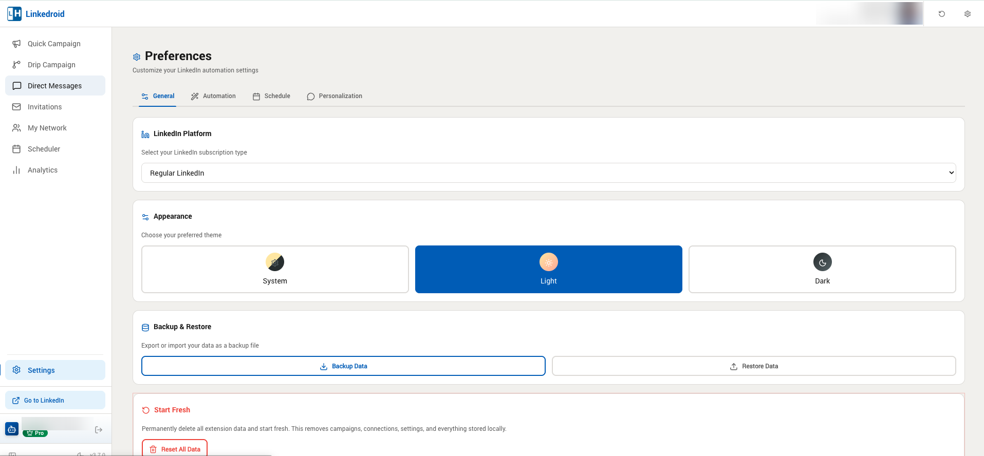 Linkedroid Settings, General tab