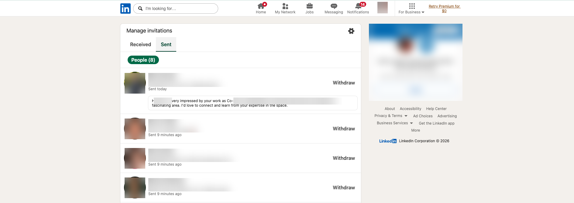 Sent LinkedIn invitations showing an AI-generated note