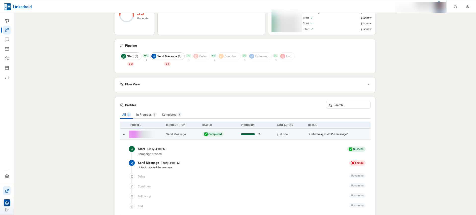 A per-profile execution timeline showing a failure