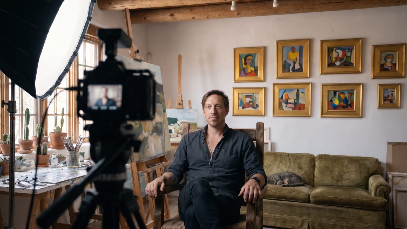 Behind the scenes: the artist seated for the interview, camera and light in the foreground