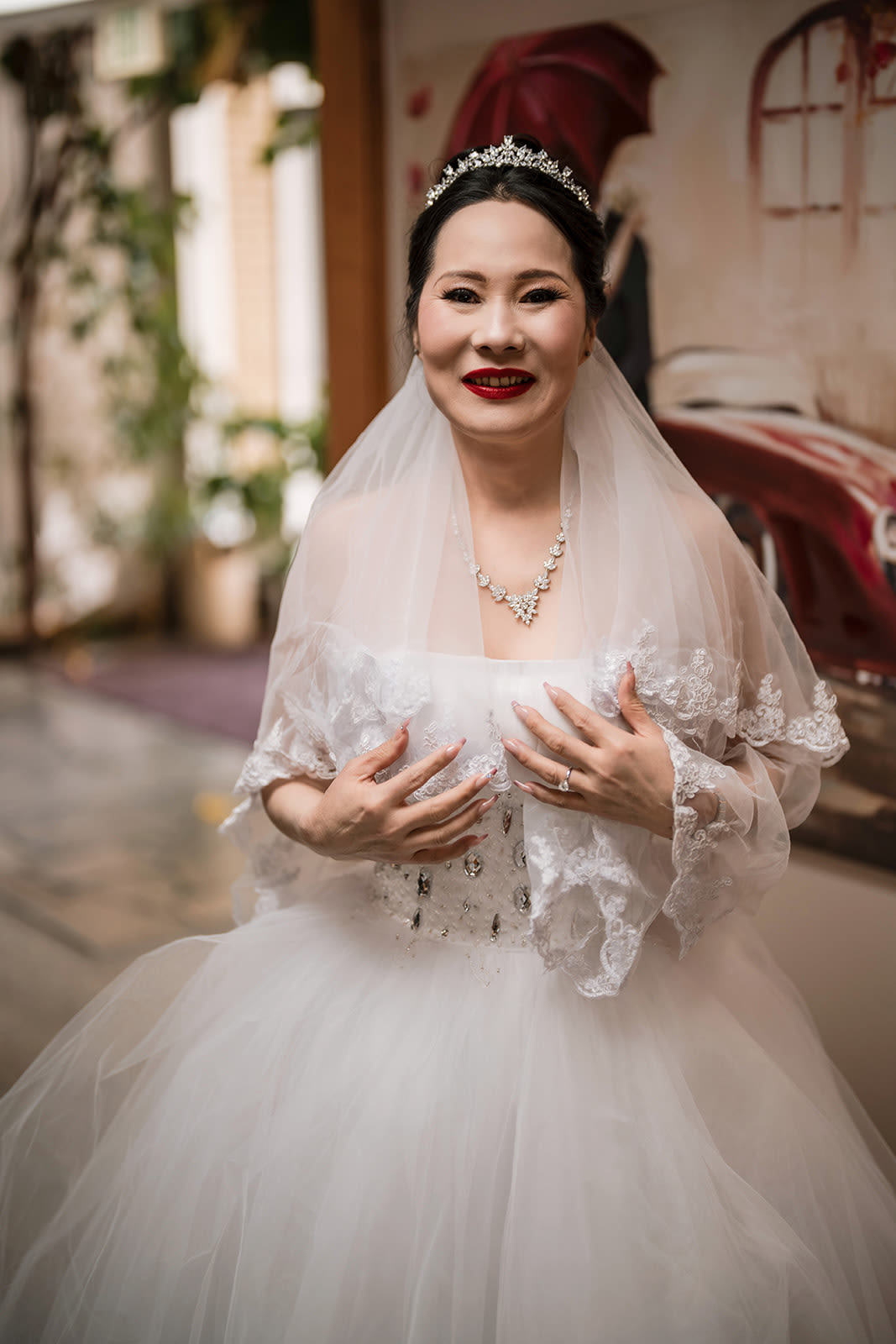Yoyo in her veil before the ceremony at the ABQ Wedding Chapel