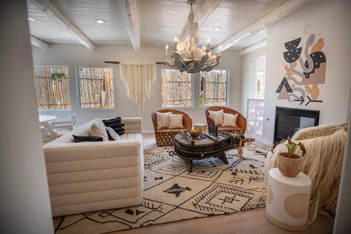 Contemporary Southwestern living room with shiplap ceilings — Casey Addason Photography