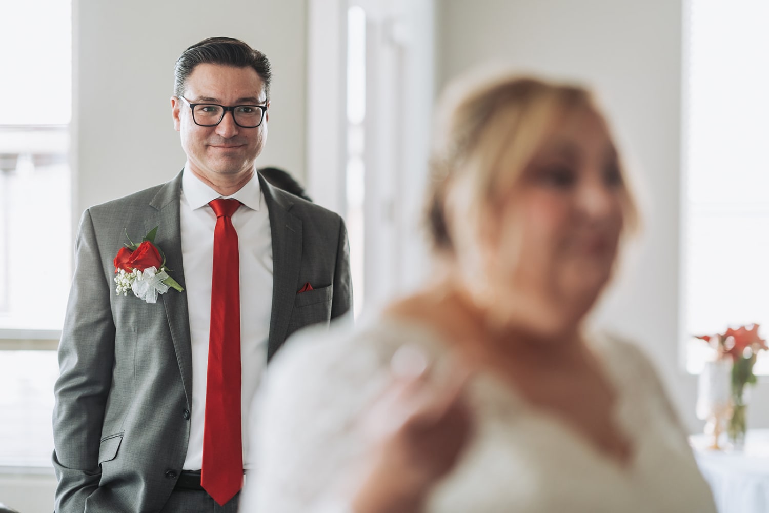 Groom's first look at the bride during a New Mexico wedding ceremony — Casey Addason Photography