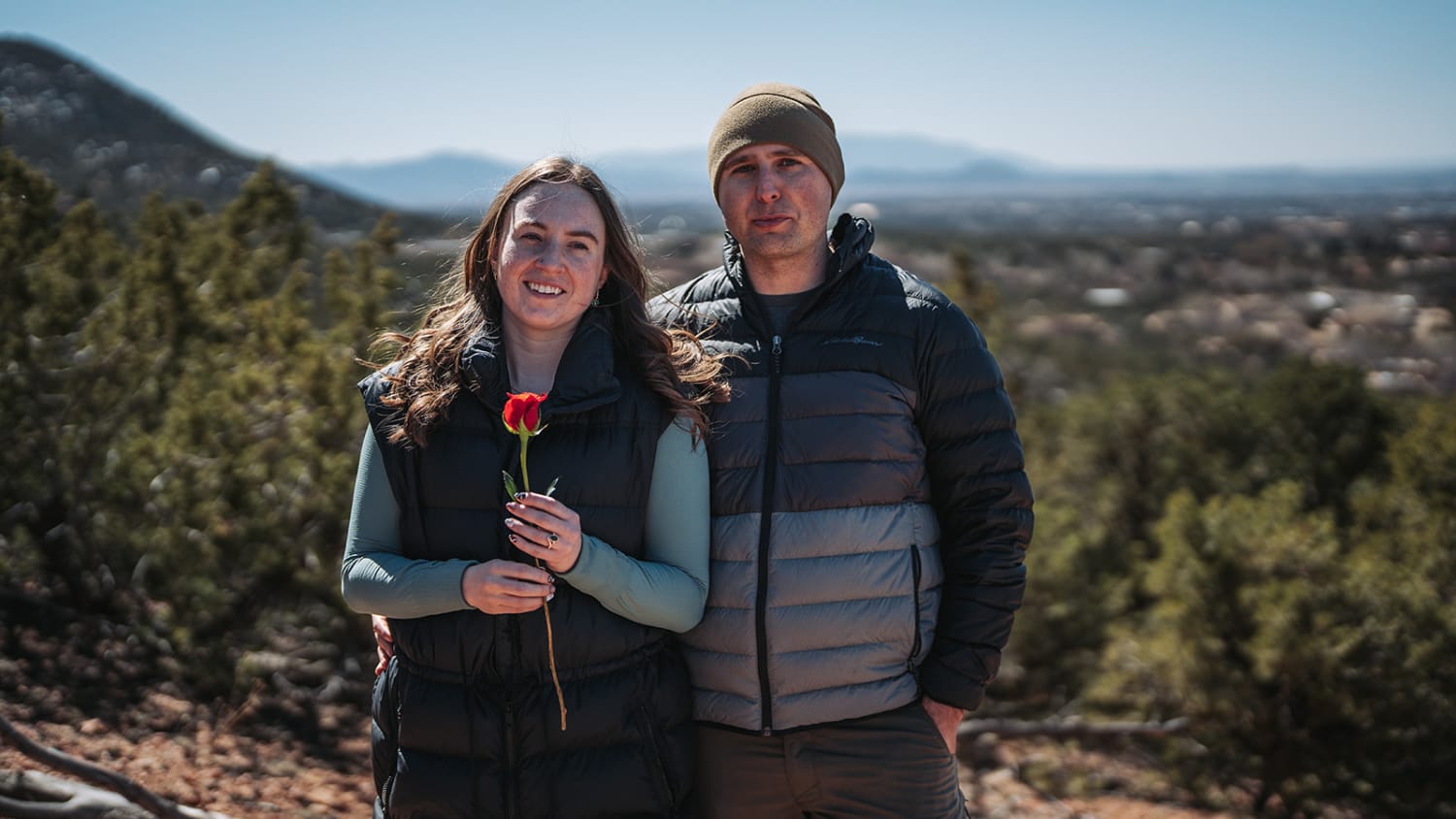 engagement portrait was taken atop a scenic overlook in what appears to be the high desert Southw... — Casey Addason Photography