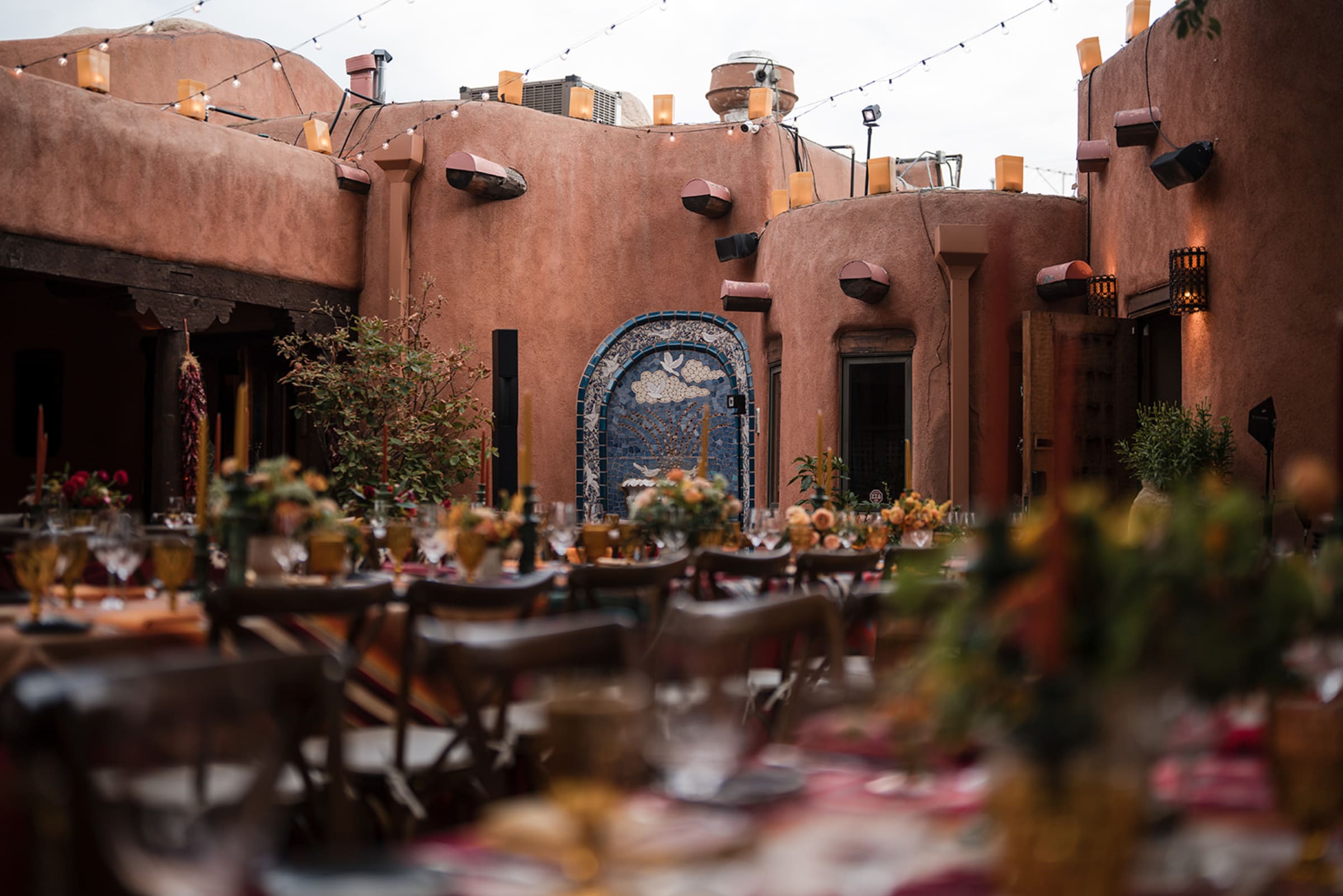 Courtyard event at blue hour, Santa Fe — Casey Addason Photography