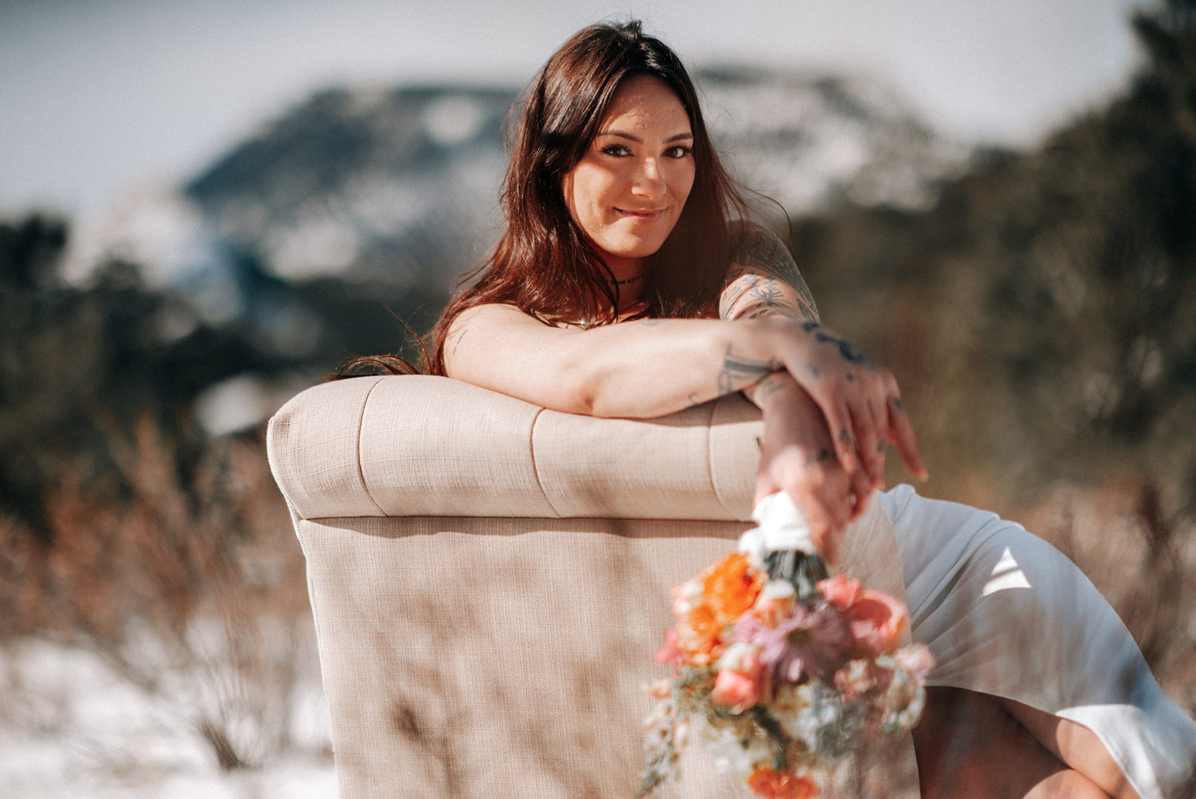Bridal fashion detail in mountain landscape